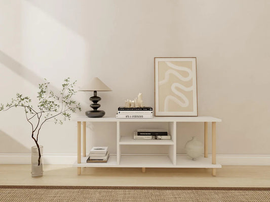 Meuble TV blanc avec pieds en bois de hêtre