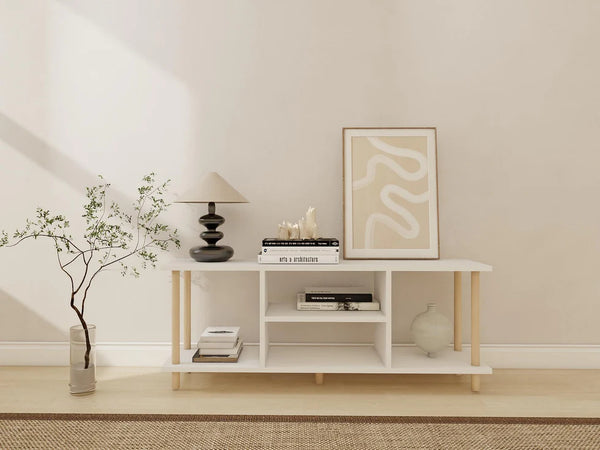 Meuble TV blanc avec pieds en bois de hêtre
