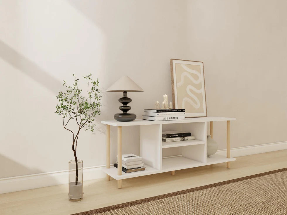 Meuble TV blanc avec pieds en bois de hêtre