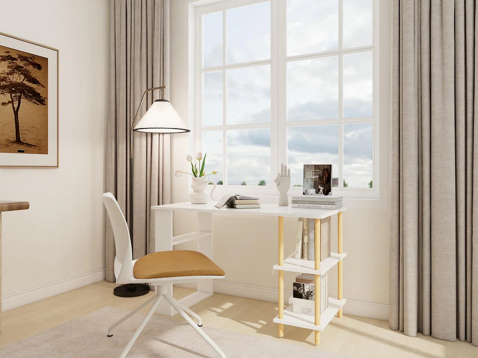 Bureau d’étude blanc avec pieds en bois