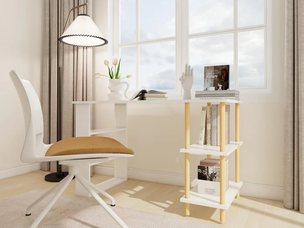 Bureau d’étude blanc avec pieds en bois